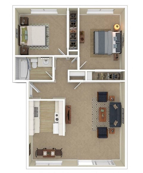 Floor plan for 2 beds, 1 bath, 918 sqft